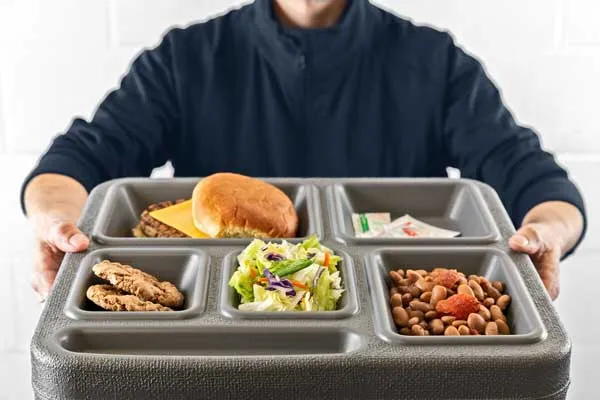 Person holding plastic food tray with cheeseburger, cookies, salad and baked beans